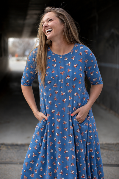 Jessi Dress Blue Floral Ribbed