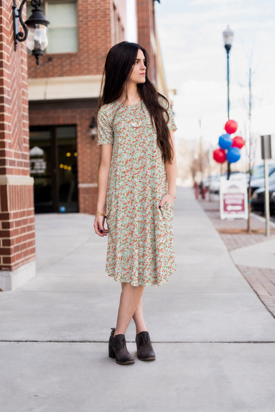 April Dress Mint Ribbed Floral