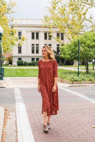 Jessi Dress Rust Floral Rib