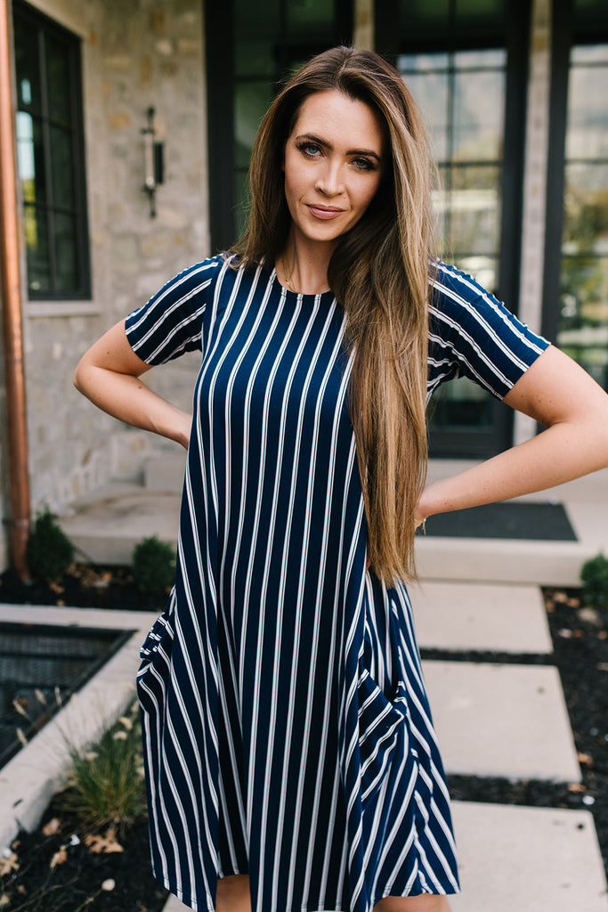 April Dress Navy Vertical Stripe london bridges clothing April Dress Navy Vertical Stripe london bridges clothing