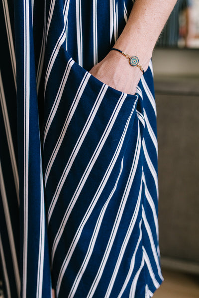 April Dress Navy Vertical Stripe
