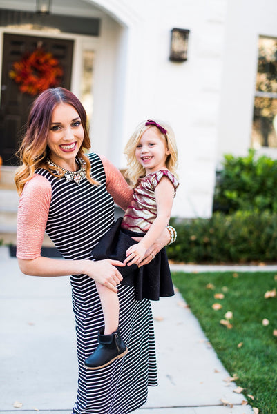 Emaley Dress Black & White Stripe Rose Gold