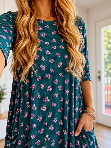 Jessi Dress Teal Floral Rib