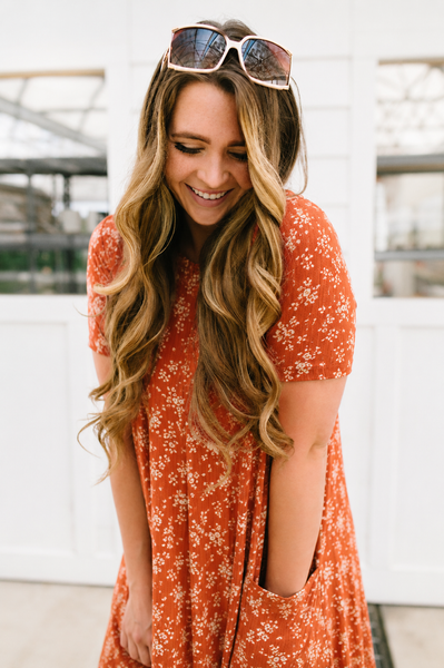 April Dress Rust Ribbed Floral