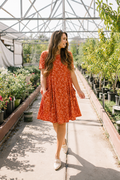 April Dress Rust Ribbed Floral
