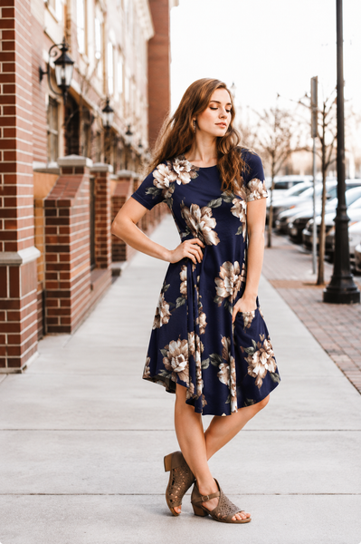 April Dress Navy & Neutral Floral