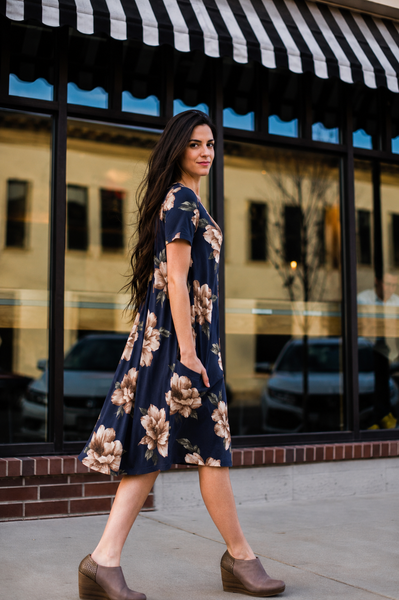April Dress Navy & Neutral Floral