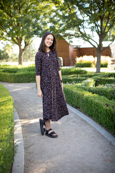 Jessi Dress Black Tiny Brown Floral