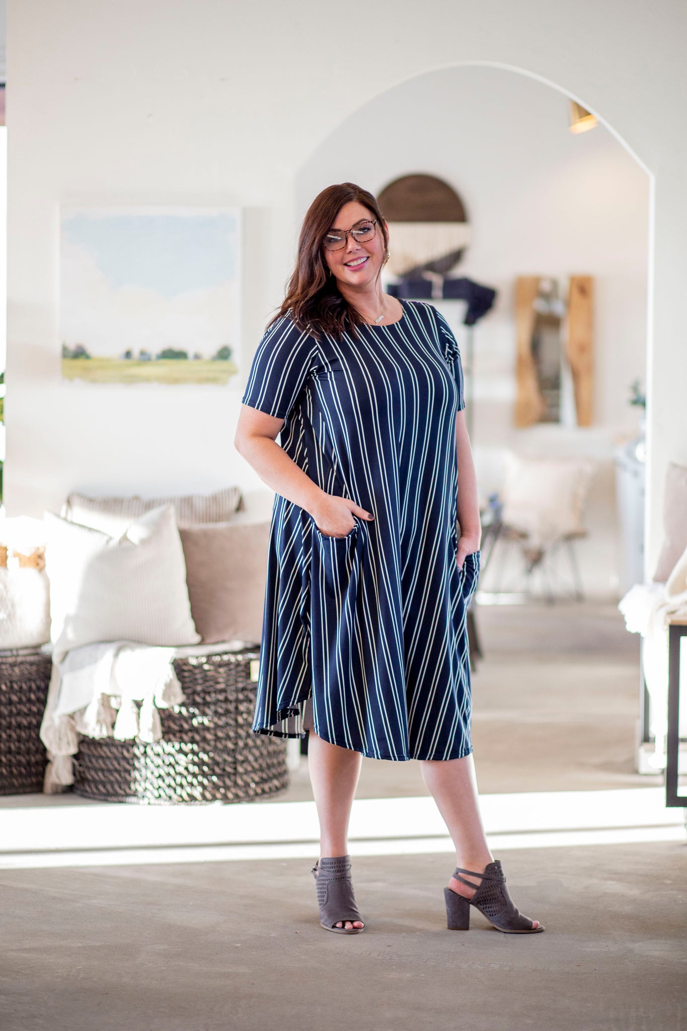 navy blue and white vertical striped dress April Dress Navy Vertical Stripe london bridges clothing